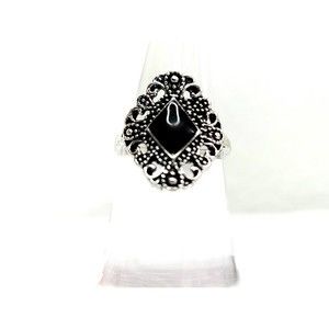Vintage Silver & Black Ceramic Diamond Shaped Ring Size 6 Women's Jewelry